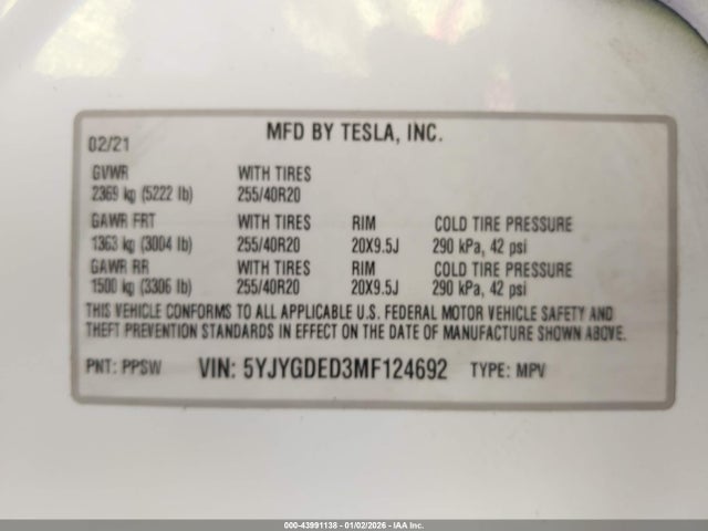 2021 TESLA MODEL Y 5YJYGDED3MF124692 Photo 8