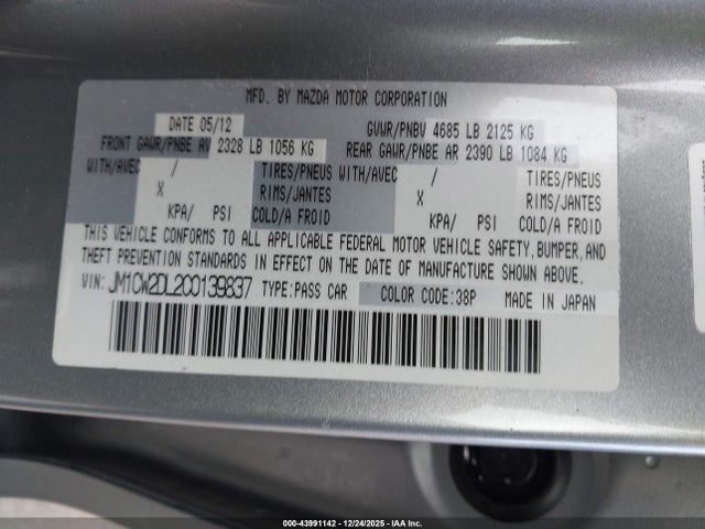 2012 Mazda Mazda5 Grand Touring მანქანა იყიდება აუქციონზე, vin: JM1CW2DL2C0139837, აუქციონის ნომერი: 43991142