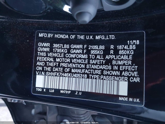 SHHFK7H46KU405318 Honda Civic Sport