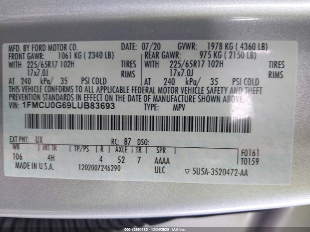 1FMCU0G69LUB83693 Ford ESCAPE SE