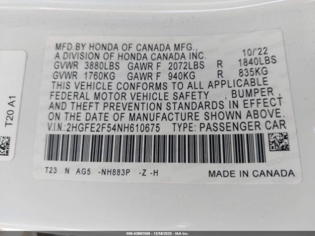 2022 HONDA CIVIC 2HGFE2F54NH610675 Photo 8