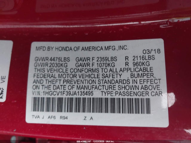 1HGCV1F39JA135495 Honda Accord Sport