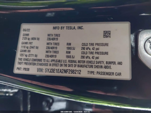 Aukcja sprzedaży 2022 Tesla Model 3 Rear-wheel Drive, vin: 5YJ3E1EA2NF298212, numer aukcji: 43991365