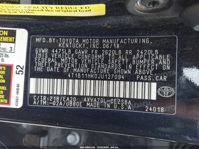4T1B11HK0JU127094 Toyota CAMRY SE