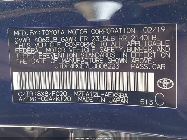 JTDP4RCE7LJ008223 Toyota COROLLA SE