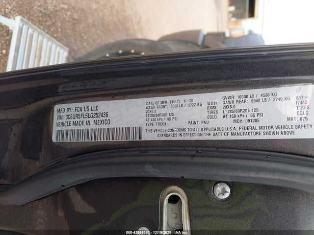 Продаж на аукціоні авто 2020 Ram 2500 Laramie  4x4 6'4 Box, vin: 3C6UR5FL5LG252436, номер лоту: 43991582