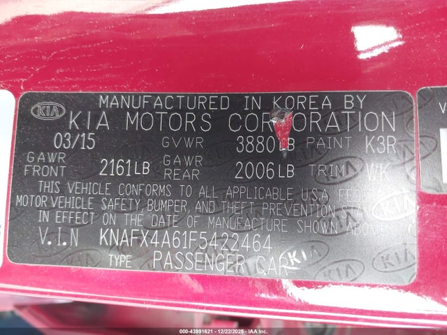 KNAFX4A61F5422464 KIA FORTE LX