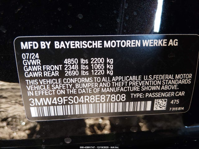 Продажа на аукционе авто 2024 Bmw M340i, vin: 3MW49FS04R8E87808, номер лота: 43991747