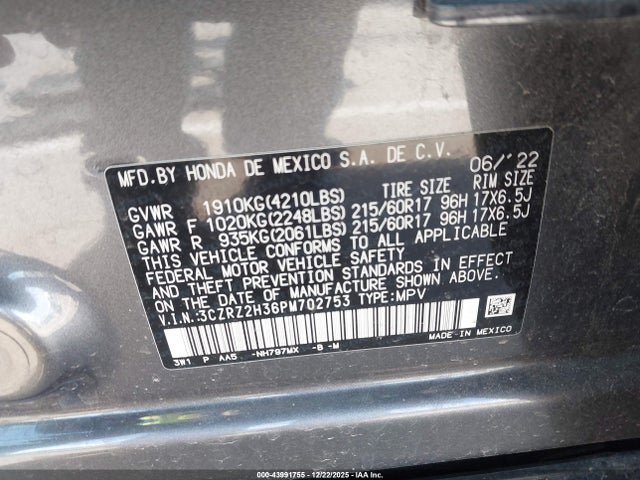 3CZRZ2H36PM702753 Honda Hr-v Awd Lx