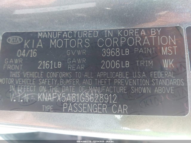 KNAFX5A81G5628912 KIA FORTE EX