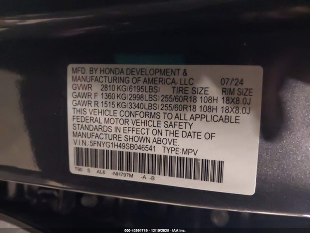 5FNYG1H49SB046541 Honda Pilot Ex-l