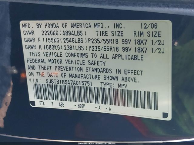 2007 ACURA RDX 5J8TB18547A015751 Photo 8