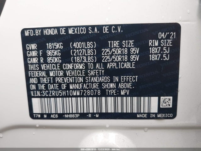 3CZRU5H10MM728078 Honda Hr-v 2wd Sport