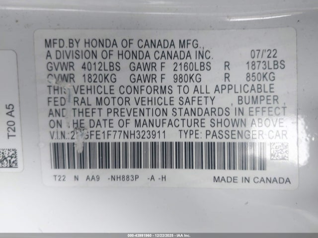 Honda CIVIC EX 2022 2HGFE1F77NH323911 Image 9
