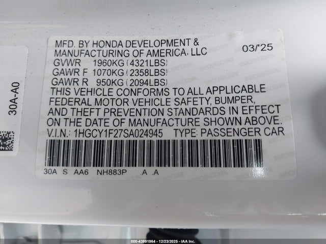 1HGCY1F27SA024945 Honda ACCORD LX