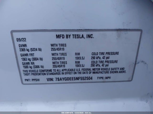 Продаж на аукціоні авто 2022 Tesla Model Y Long Range Dual Motor All-wheel Drive, vin: 7SAYGDEE5NF552504, номер лоту: 43991979