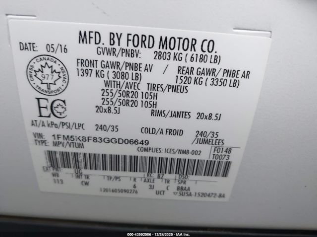 2016 FORD EXPLORER 1FM5K8F83GGD06649 Photo 8
