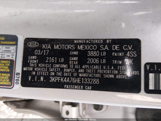 Aukcja sprzedaży 2017 Kia Forte Lx, vin: 3KPFK4A76HE133288, numer aukcji: 43992052