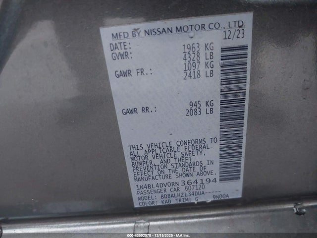 1N4BL4DV0RN364194 Nissan Altima Sv Fwd