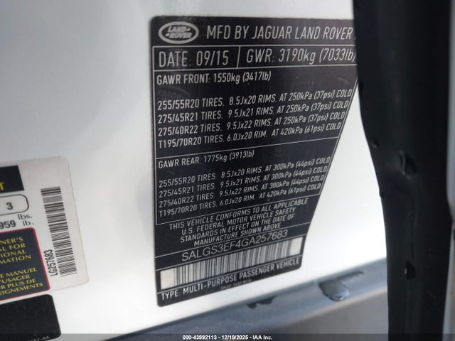 Aukcja sprzedaży 2016 Land Rover Range Rover 5.0l V8 Supercharged, vin: SALGS3EF4GA257683, numer aukcji: 43992113