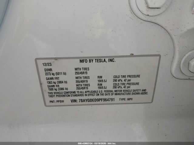 2023 Tesla Model Y Rwd მანქანა იყიდება აუქციონზე, vin: 7SAYGDED9PF964791, აუქციონის ნომერი: 43992124