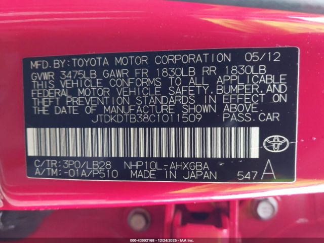 2012 TOYOTA PRIUS C JTDKDTB38C1011509 Photo 8