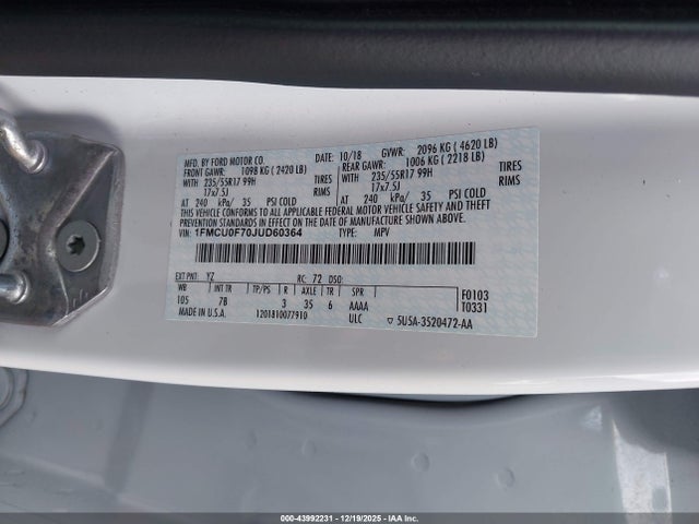 Aukcja sprzedaży 2018 Ford Escape S, vin: 1FMCU0F70JUD60364, numer aukcji: 43992231