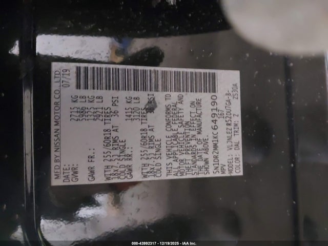 5N1DR2MM1KC649190 Nissan Pathfinder Sv