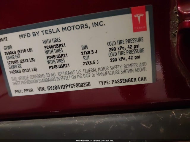 2012 TESLA MODEL S 5YJSA1DP1CFS00250 Photo 8