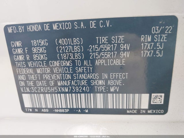 3CZRU5H5XNM739240 Honda Hr-v 2wd Ex