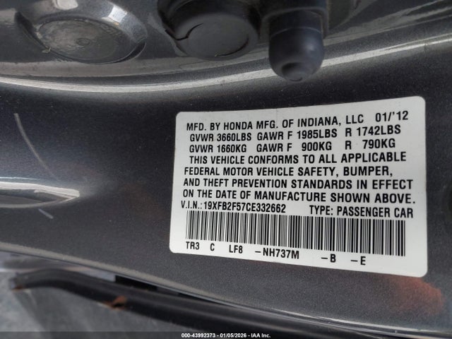 2012 Honda Civic Lx მანქანა იყიდება აუქციონზე, vin: 19XFB2F57CE332662, აუქციონის ნომერი: 43992373