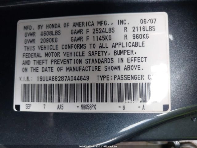 2007 ACURA TL 19UUA66287A044649 Photo 8