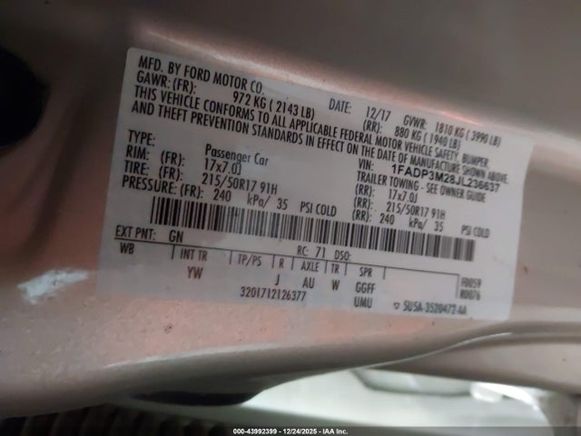 1FADP3M28JL236637 Ford FOCUS SEL