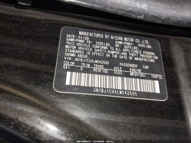 2020 Nissan Rogue Sport S Fwd Xtronic Cvt მანქანა იყიდება აუქციონზე, vin: JN1BJ1CVXLW542505, აუქციონის ნომერი: 43992417