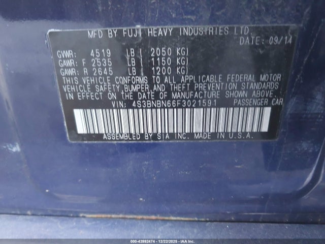 43992474 :رقم المزاد ، 4S3BNBN66F3021591 vin ، 2015 Subaru Legacy 2.5i Limited مزاد بيع
