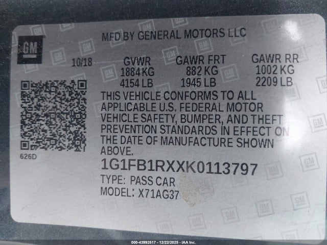 1G1FB1RXXK0113797 Chevrolet Camaro 1lt