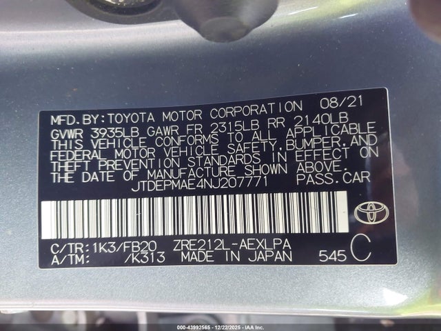 JTDEPMAE4NJ207771 Toyota COROLLA LE