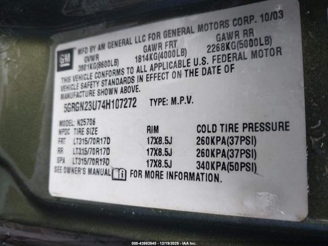 2004 HUMMER H2 5GRGN23U74H107272 Photo 8