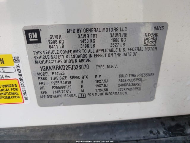 GMC llt 2015 1GKKRRKD2FJ326070 Image 9