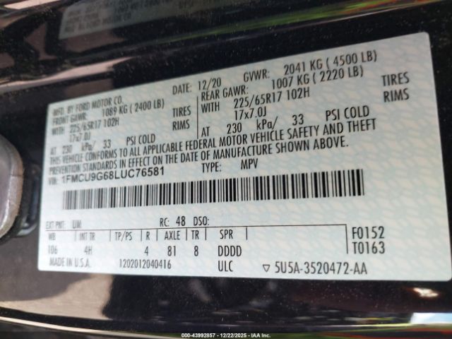 2020 FORD ESCAPE 1FMCU9G68LUC76581 Photo 8