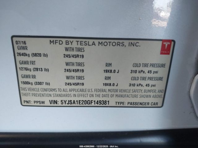 2016 TESLA MODEL S 5YJSA1E20GF149381 Photo 8