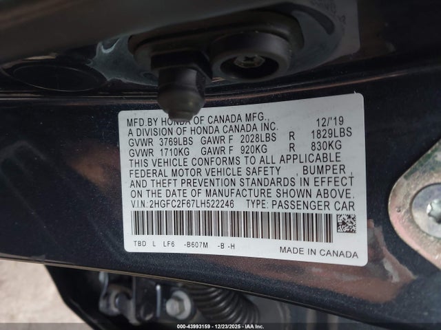 Aukcja sprzedaży 2020 Honda Civic Lx, vin: 2HGFC2F67LH522246, numer aukcji: 43993159