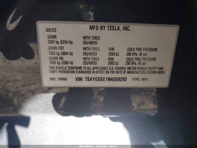 2022 TESLA MODEL Y 7SAYGDEE1NA009292 Photo 8