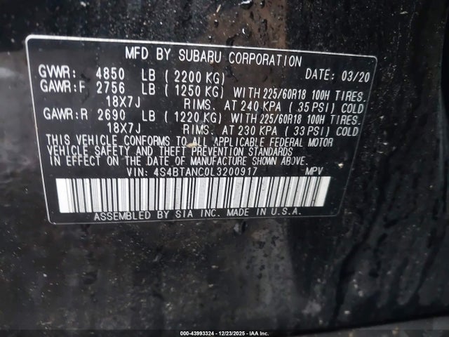 43993324 :رقم المزاد ، 4S4BTANC0L3200917 vin ، 2020 Subaru Outback Limited مزاد بيع