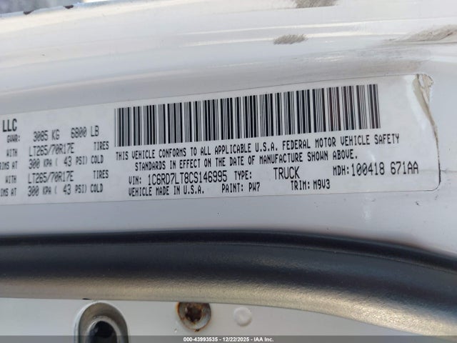43993535 :رقم المزاد ، 1C6RD7LT8CS146995 vin ، 2012 Ram 1500 Slt مزاد بيع
