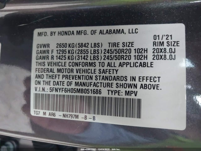 Honda Pilot Awd Elite 2021 5FNYF6H05MB051686 Image 9