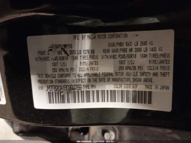 Продажа на аукционе авто 2011 Mazda Cx-9 Touring, vin: JM3TB2CA1B0300759, номер лота: 43993569