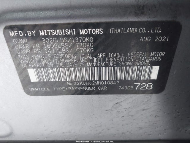 Продаж на аукціоні авто 2021 Mitsubishi Mirage Carbonite Edition/es/le, vin: ML32AUHJ2MH010842, номер лоту: 43993667