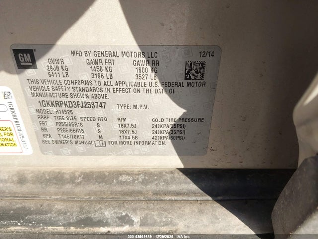 1GKKRPKD3FJ253747 GMC Acadia Sle-2