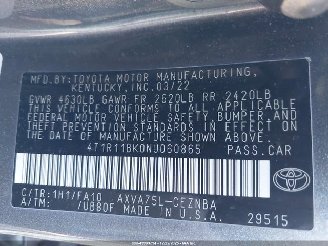 Aukcja sprzedaży 2022 Toyota Camry Le Awd, vin: 4T1R11BK0NU060865, numer aukcji: 43993714